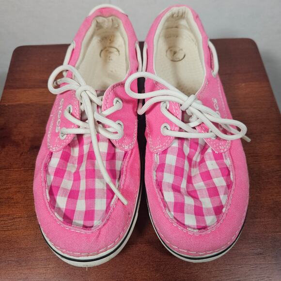 CROCS Women's Pink and White Check Boat Shoes - Picture 1 of 7